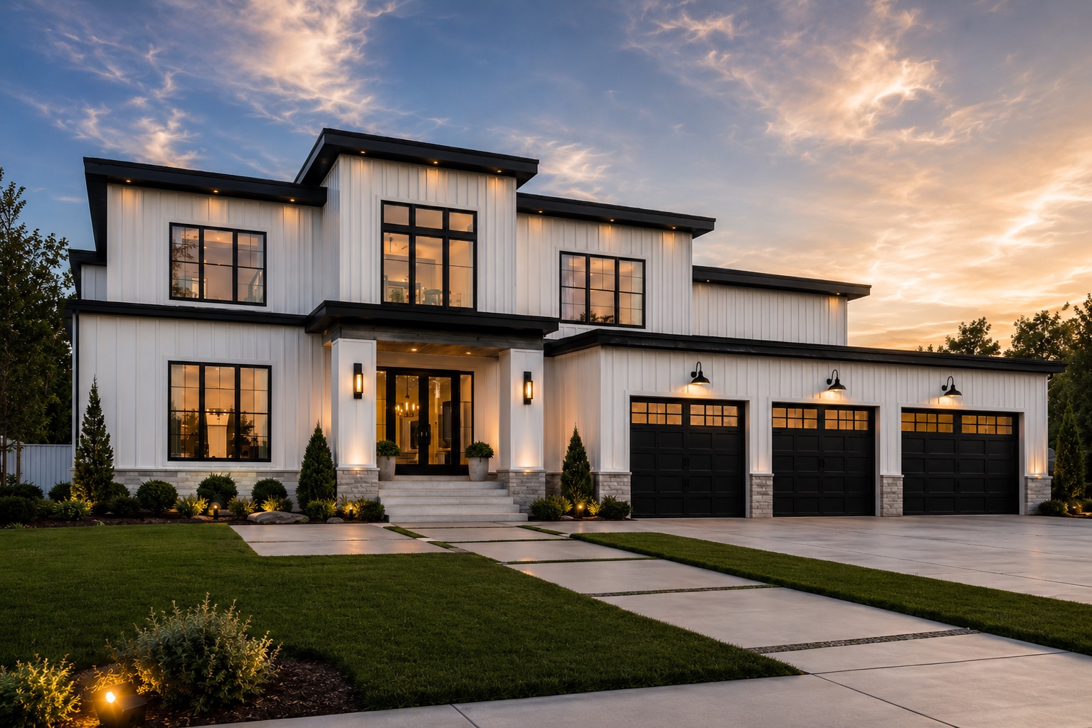 The Whitmore — modern farmhouse custom home exterior in Pacific Palisades