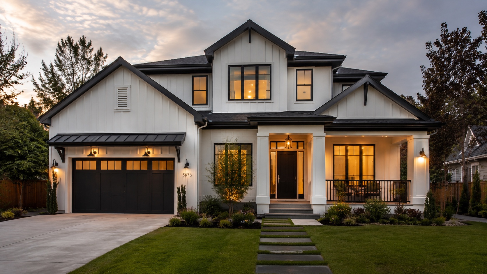 Modern farmhouse custom home exterior at dusk by Estate Design & Construction